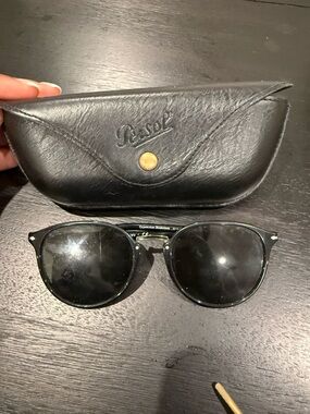 Persol Black Round Frame Sunglasses with Leather Case